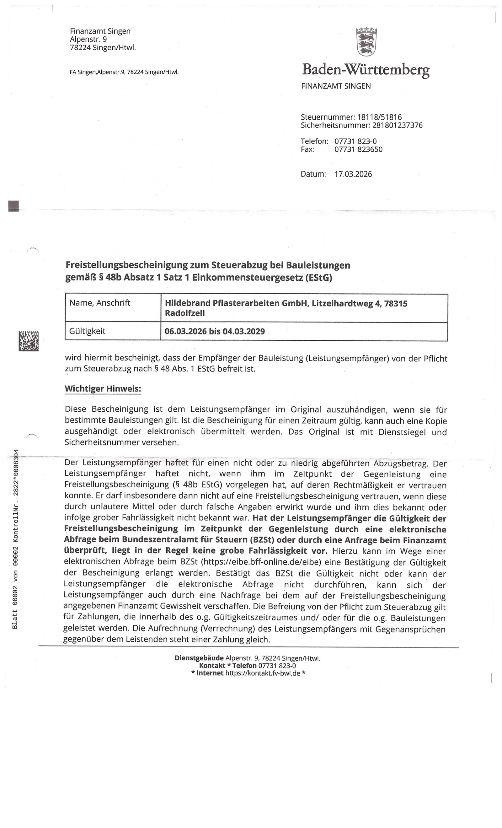 Freistellungsbescheinigung 2026 – Seite 1
